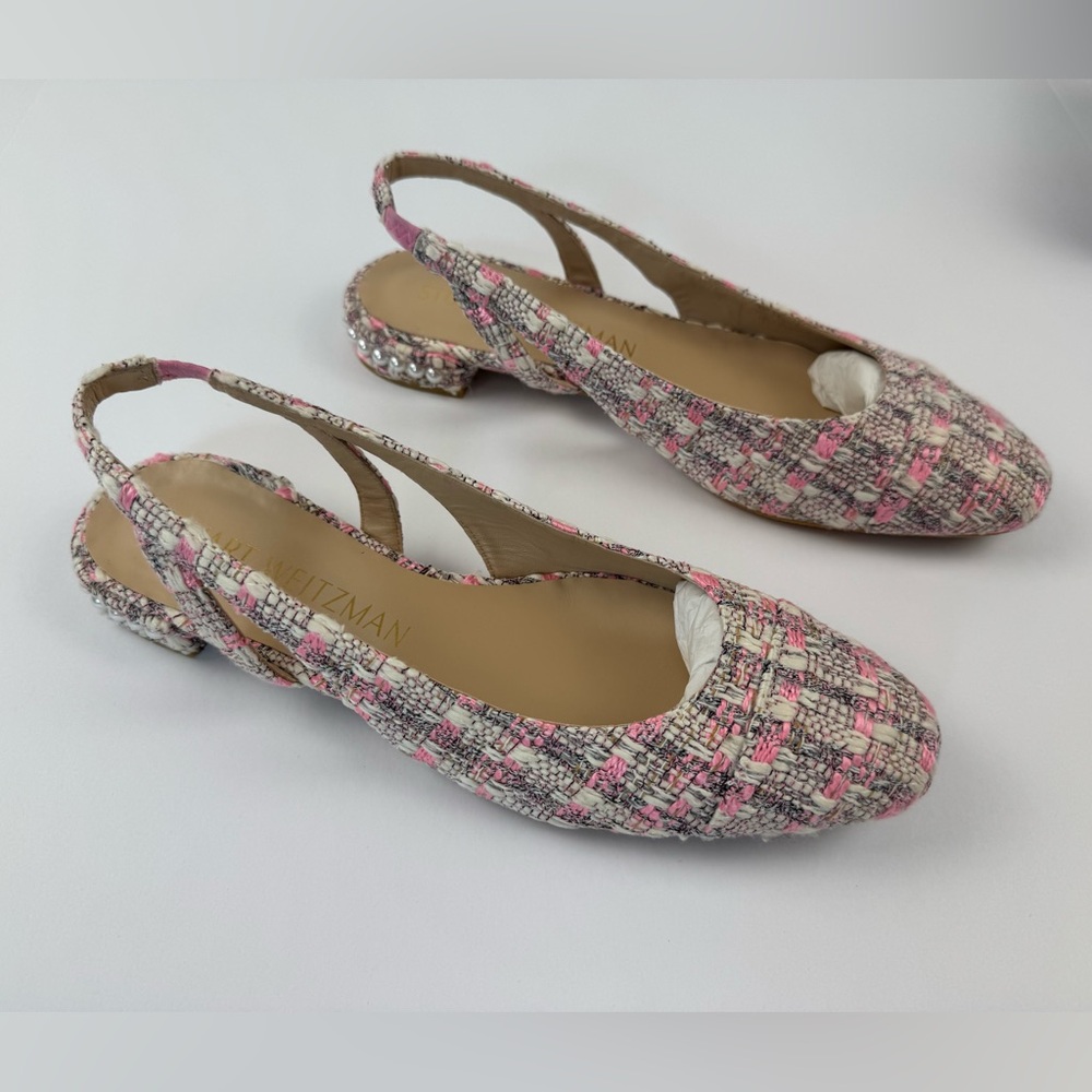 STUART WEITZMAN Womens Pink Plaid Slingback Pearl Block Heel Slip On Flats 11 B